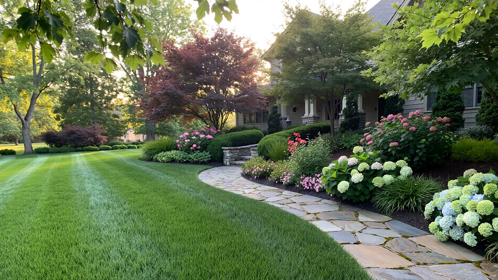A welcoming front yard with layered landscaping, a clear walkway, and balanced greenery enhancing curb appeal.