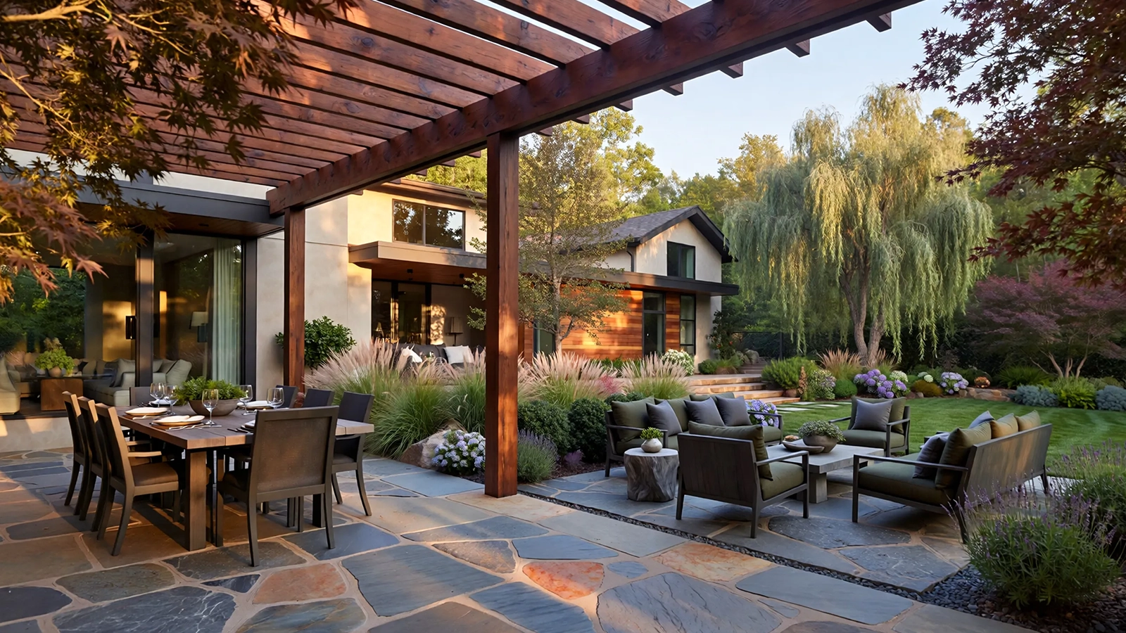 A thoughtfully designed backyard with clearly defined zones for dining, lounging, and gardening that feel connected yet distinct.