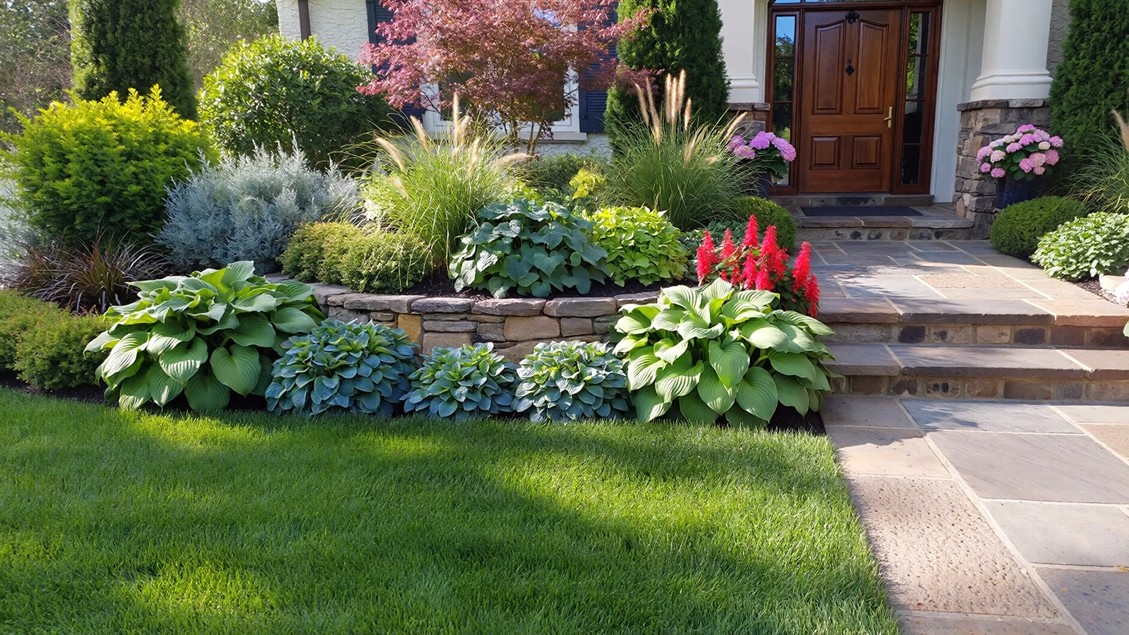 A front yard with layered plants, defined edges, and a clear walkway leading to the front door.