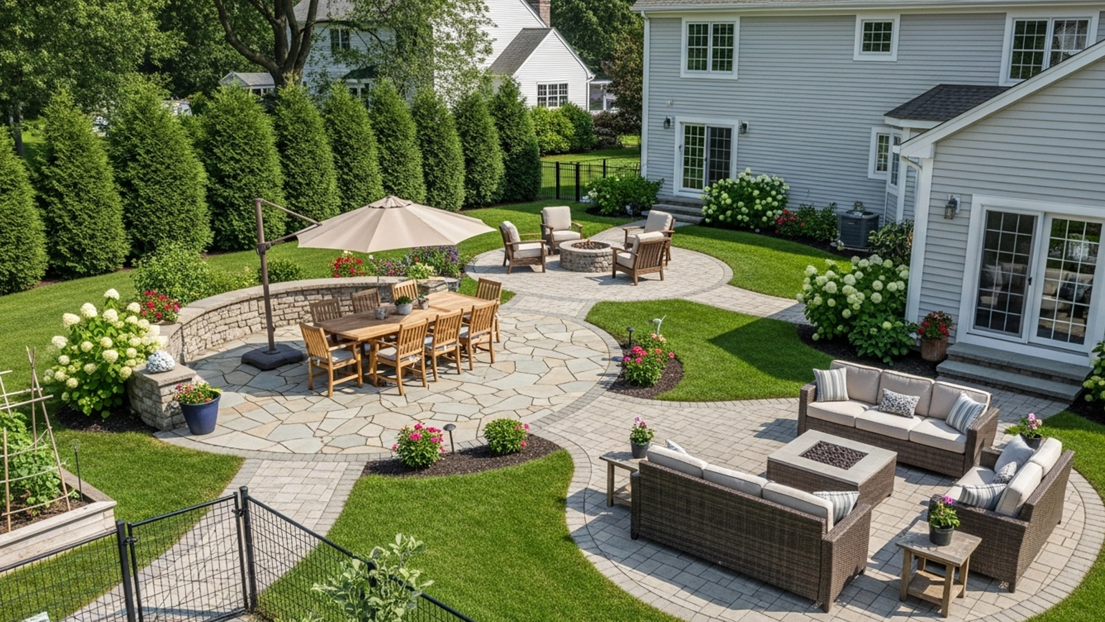 A backyard divided into functional zones with a central patio, surrounding greenery, and clear circulation paths connecting each area.