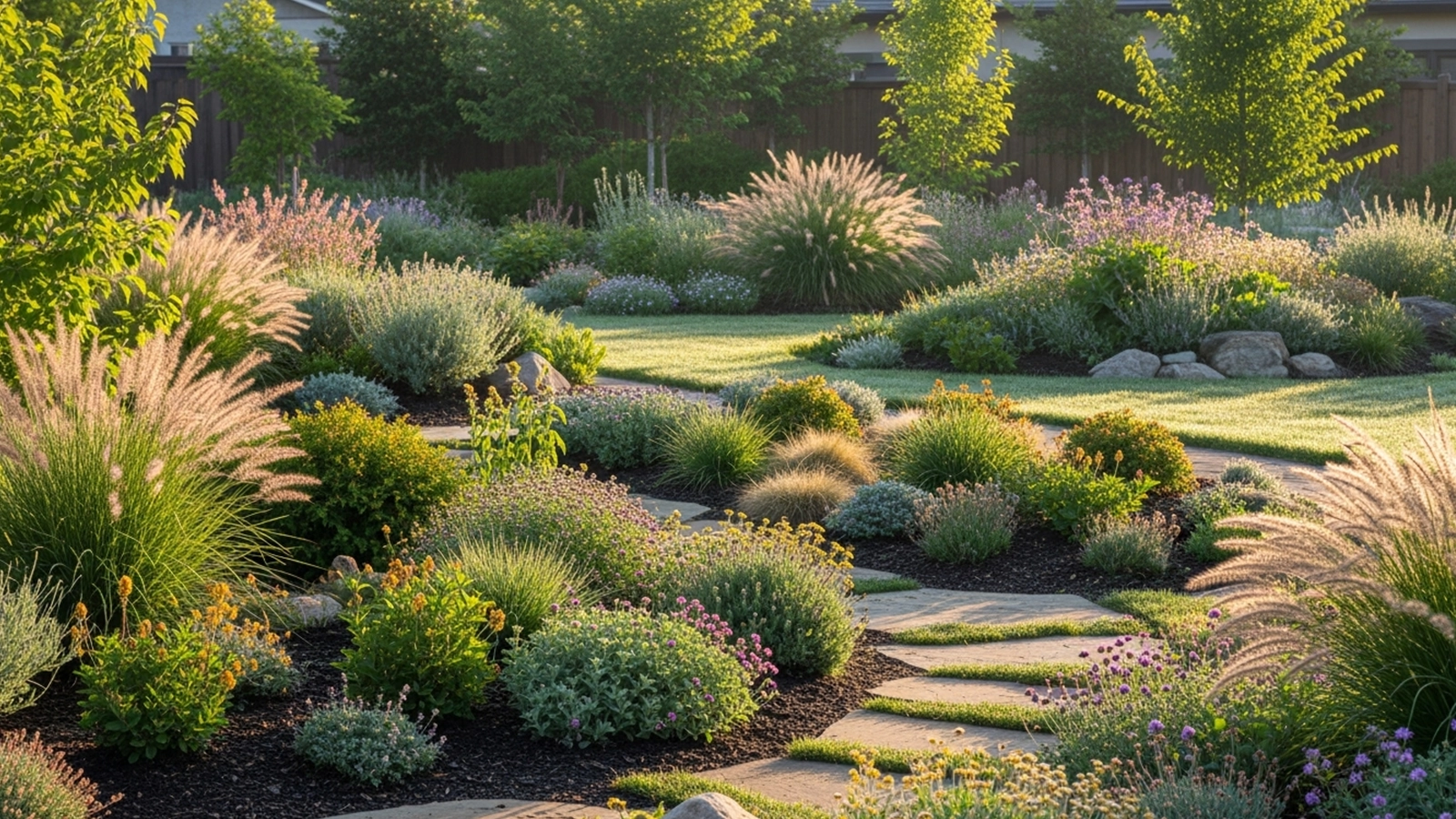 A front yard with balanced textures, climate-appropriate plants, and natural spacing that feels established.