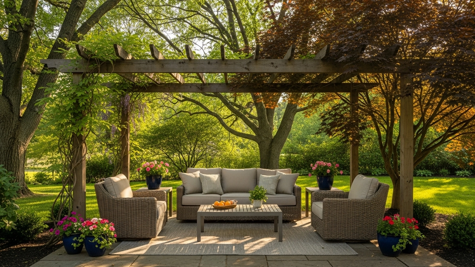 A backyard seating area positioned to take advantage of natural shade from trees and a pergola, creating a comfortable gathering space.