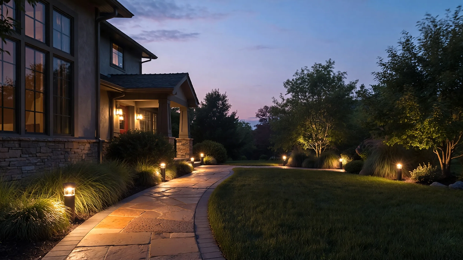 A softly lit front yard at dusk with pathway lighting and subtle highlights on plants and architecture.