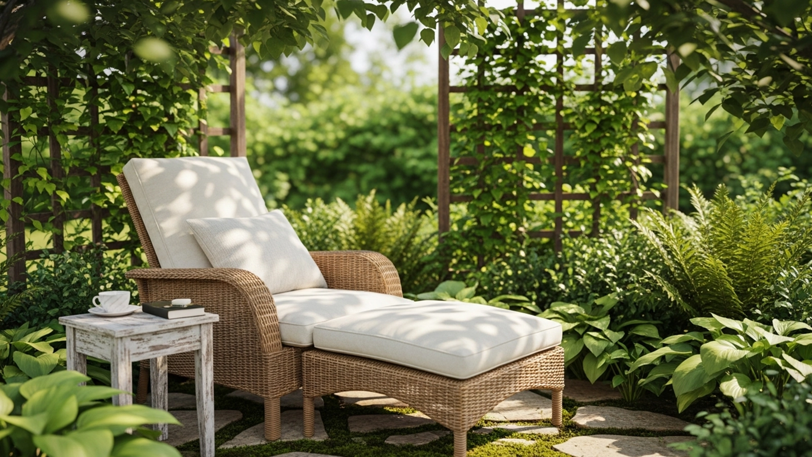 A small backyard corner transformed into a quiet retreat with a chair, greenery, and soft natural light.