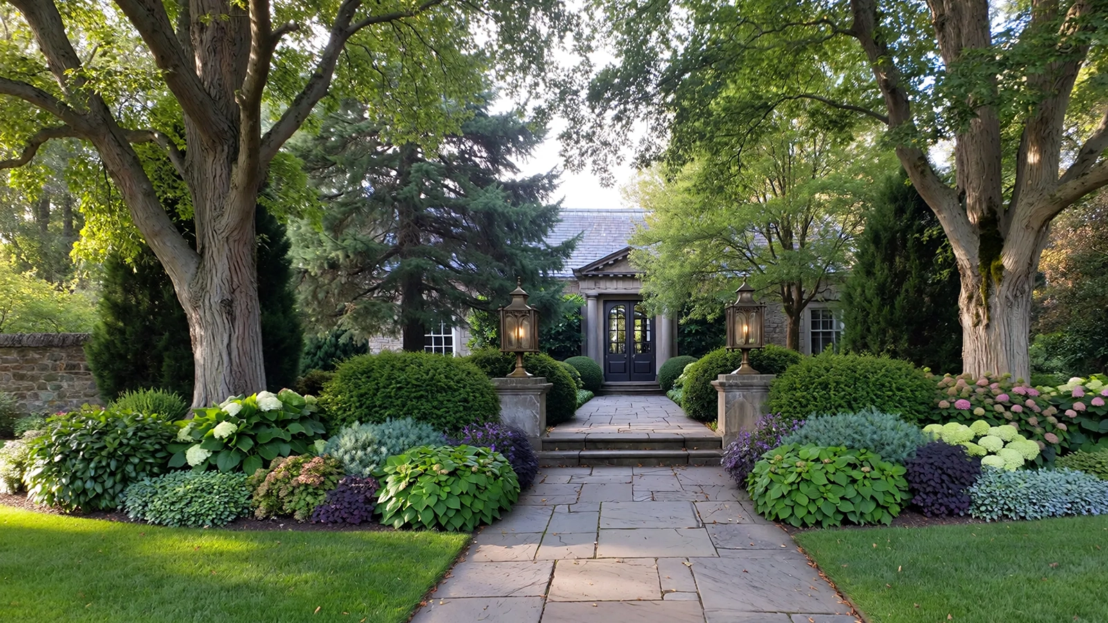 A mature front yard with established plants, clean lines, and a refined entry that feels welcoming and timeless.