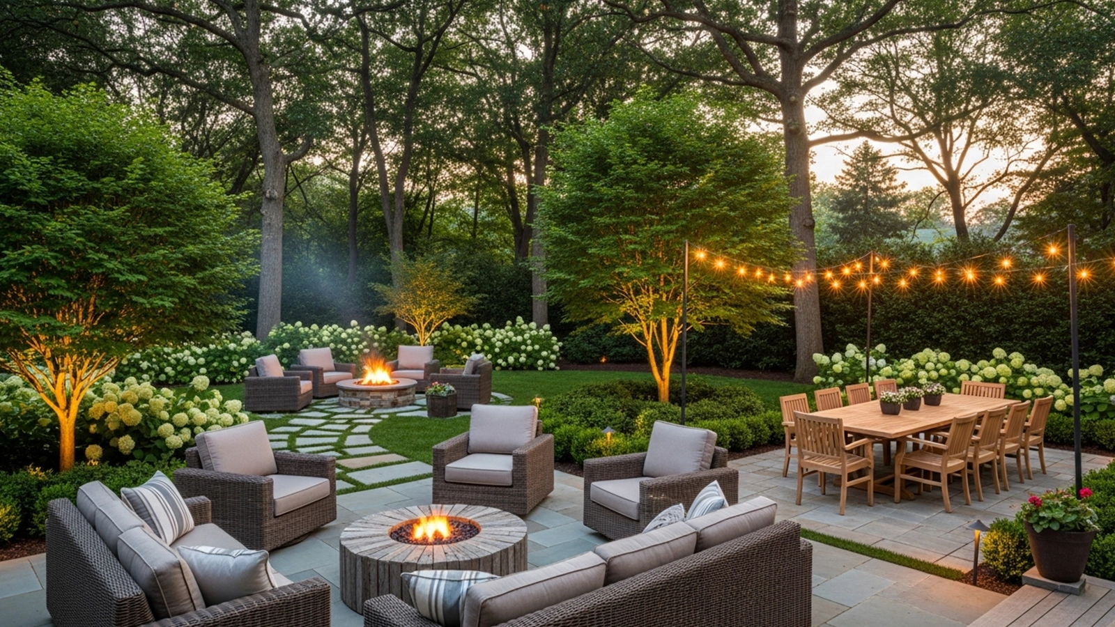 A mature backyard with established plants, layered lighting, and a balanced layout that feels settled and inviting.