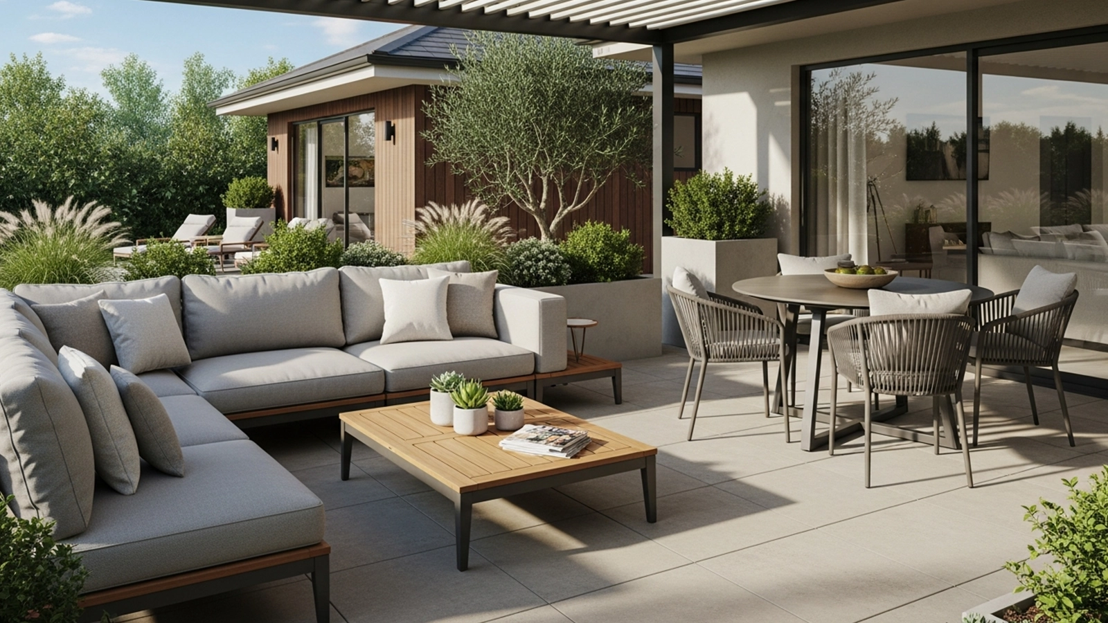 A comfortable backyard patio designed for everyday use with cushioned seating, soft lighting, and a relaxed layout.