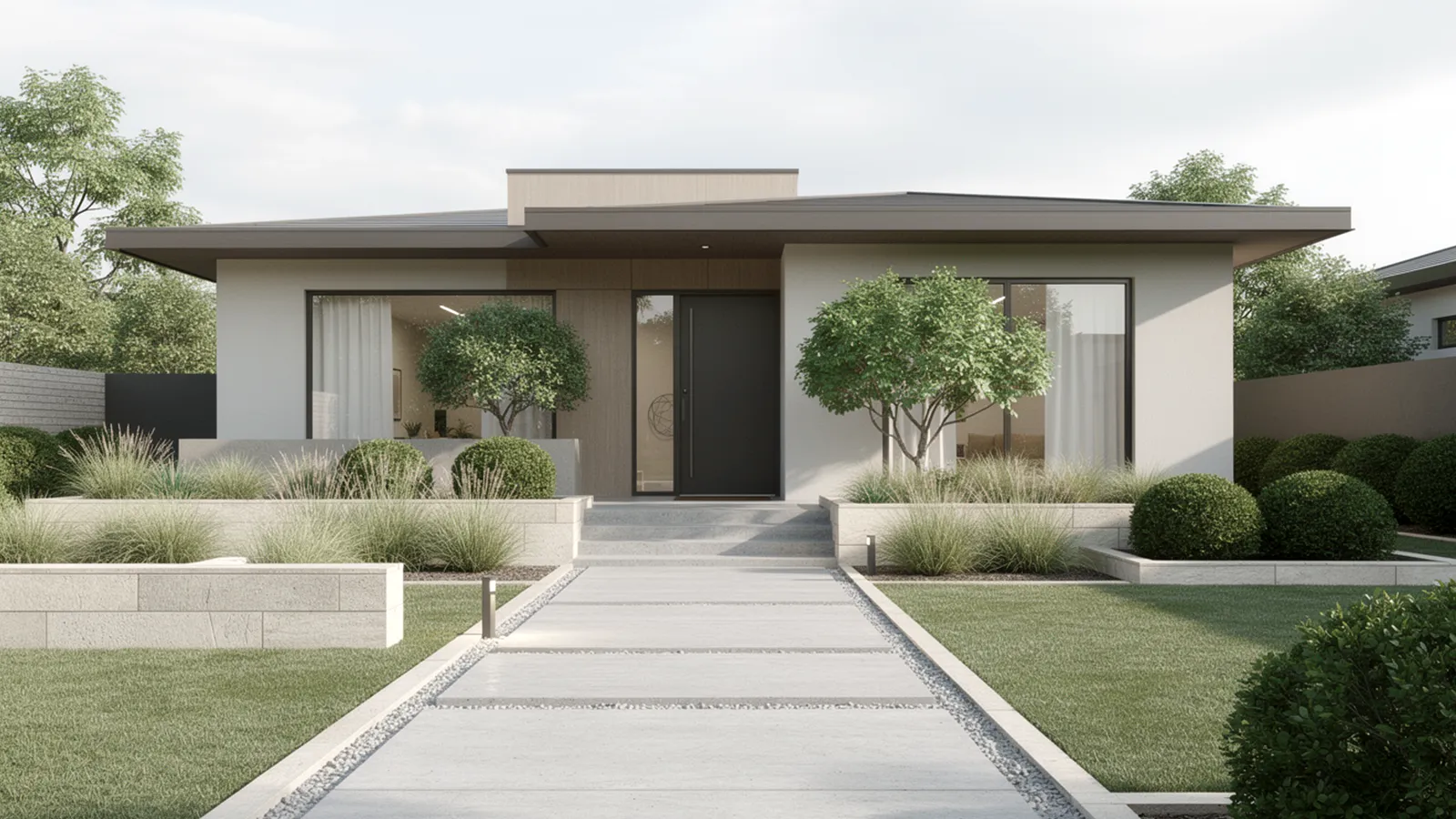 A minimalist front yard with clear linear walkways, restrained planting beds, and a calm layout that highlights the home’s architecture.