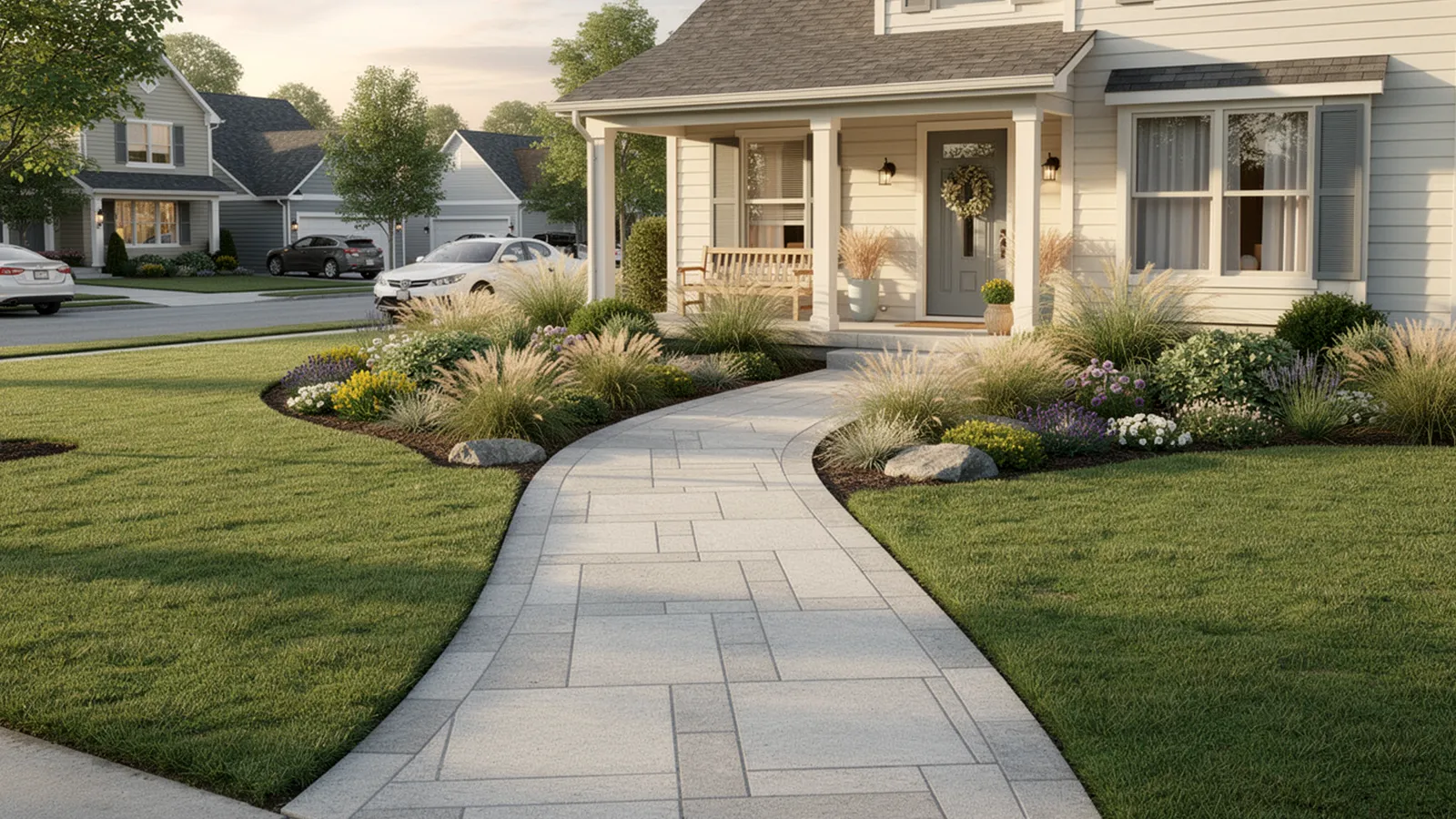 A well-balanced suburban front yard with structured planting, a clear entry path, and strong curb appeal.