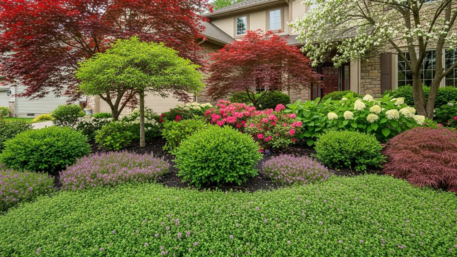 A well-designed front yard showing layered plants arranged by height from low ground covers to taller shrubs and trees.