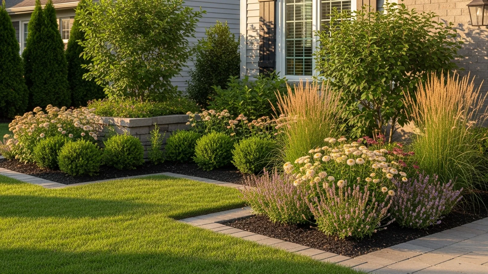 A well-planned front yard landscape using layered plantings to create structure, balance, and curb appeal.