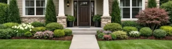 Suburban front yard design with strong entry focus, layered planting, and balanced curb appeal
