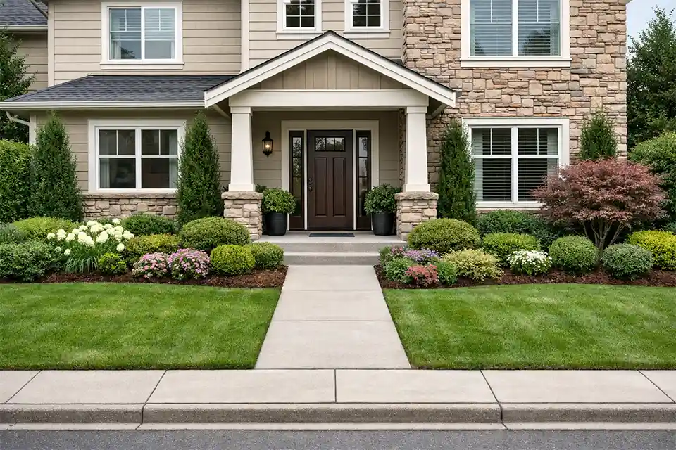 Suburban front yard design with strong entry focus, layered planting, and balanced curb appeal
