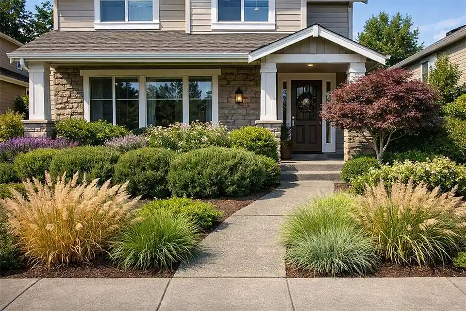 Front yard landscaping for privacy without fences using layered shrubs, grasses, and a small tree to screen windows while keeping the entry open