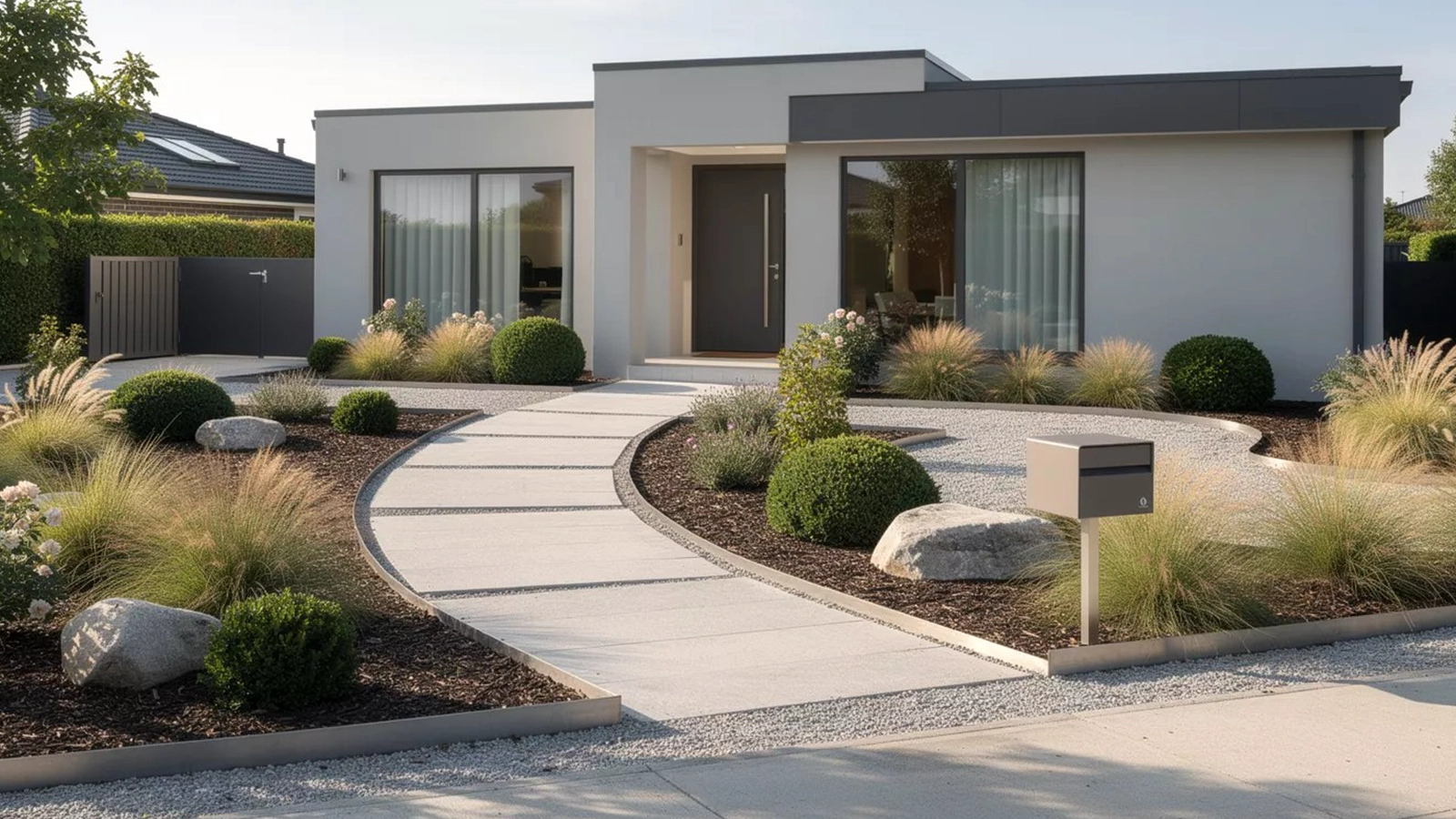 A thoughtfully designed low-maintenance front yard that balances curb appeal with durable materials and drought-tolerant plants.