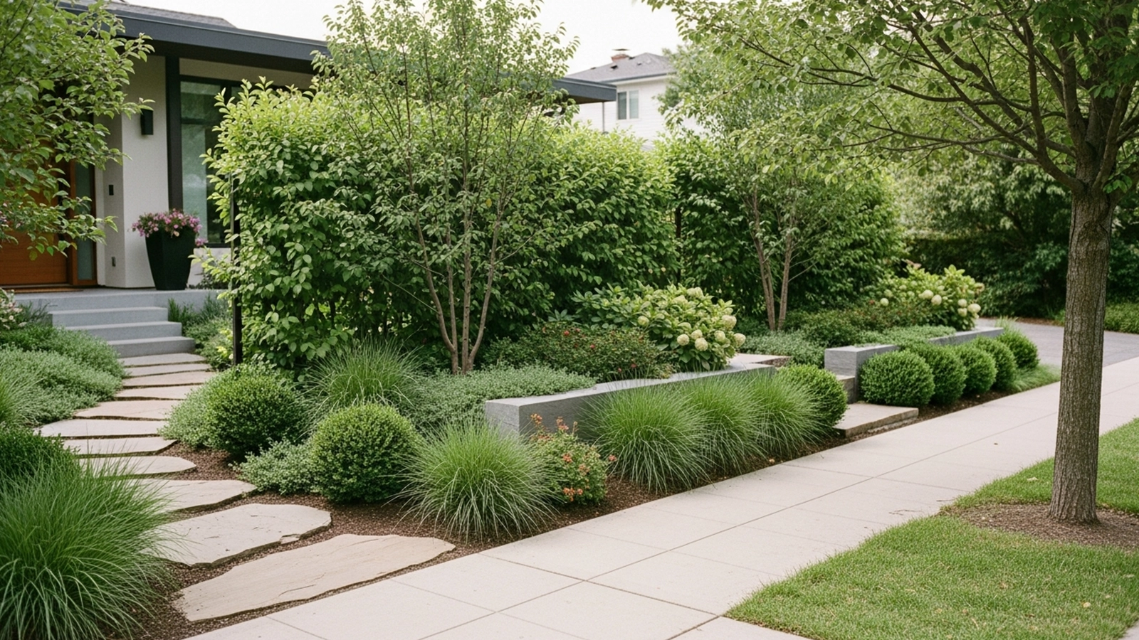 A front yard landscape uses layered plants and subtle layout choices to create privacy without fences.