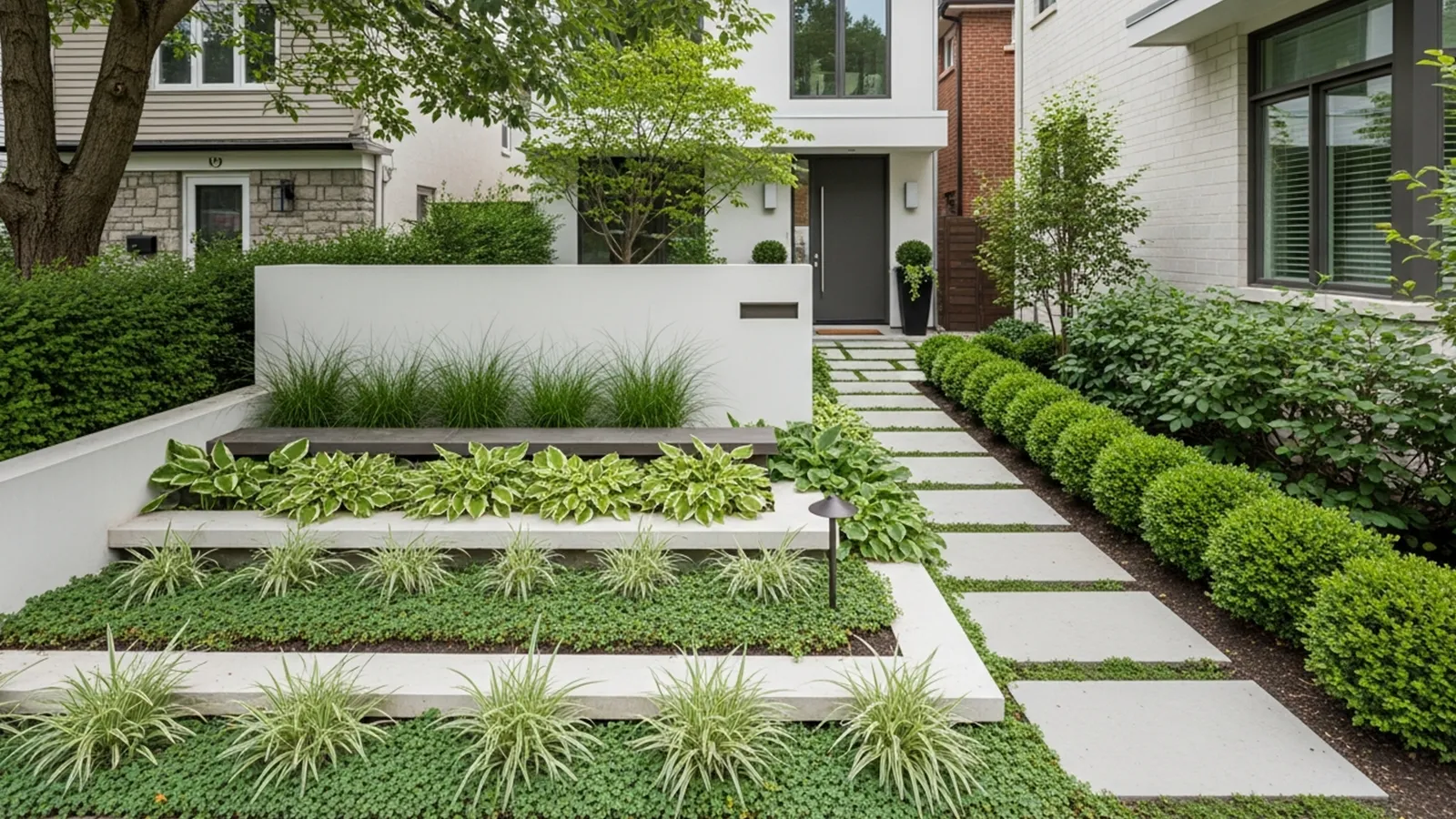 A carefully planned small front yard uses clear sightlines and restrained elements to feel open, calm, and welcoming.