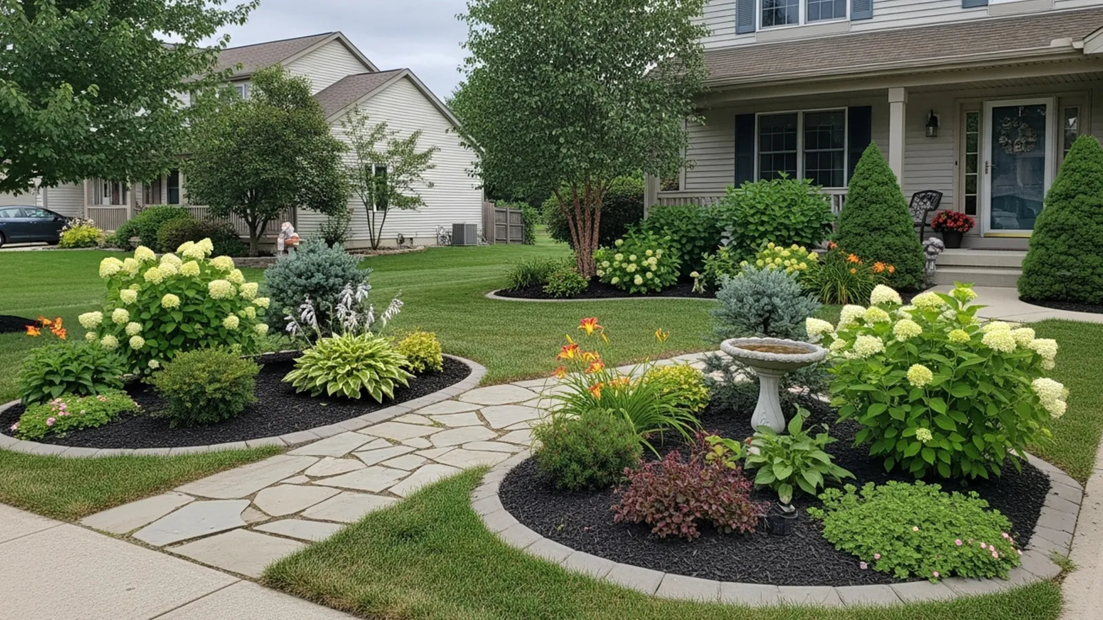 A beginner-friendly front yard landscaping design with simple plant groupings, clean edges, and a welcoming entry path.