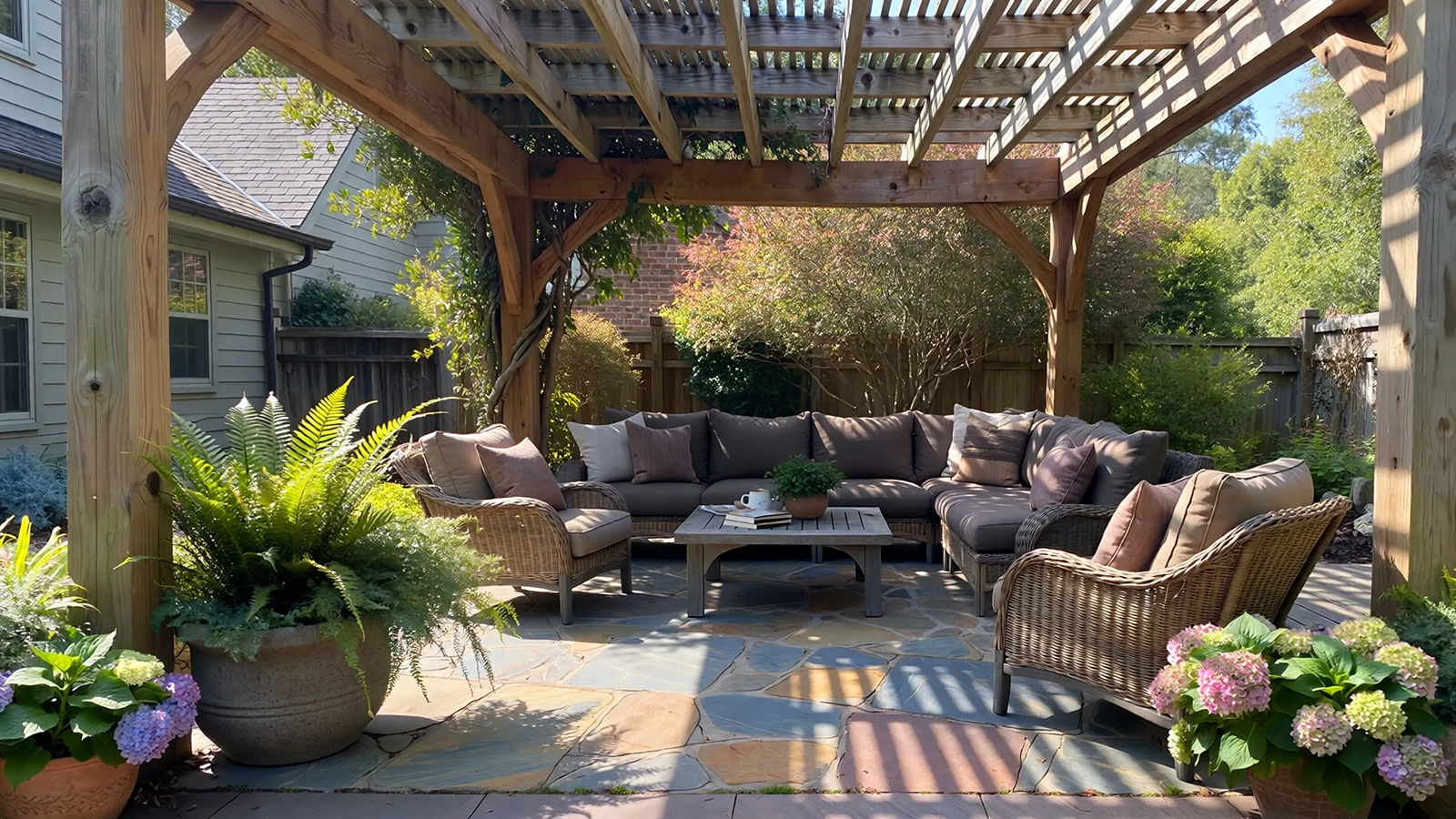 A shaded patio with a pergola and comfortable seating that allows outdoor use throughout the day.