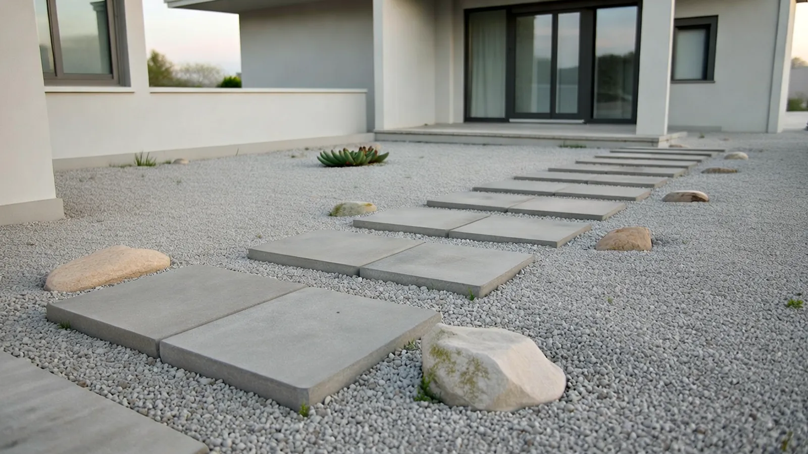 A minimalist front yard entry using concrete pavers, light gravel, and natural stone for a cohesive and low-maintenance appearance.
