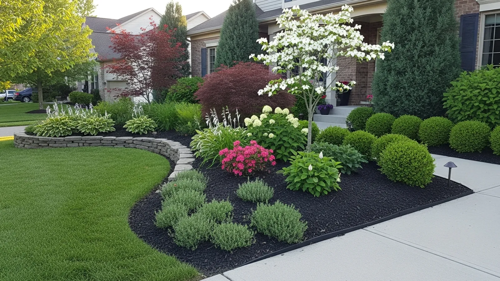 Structured foundation planting with evergreen shrubs and ornamental trees enhancing suburban curb appeal.