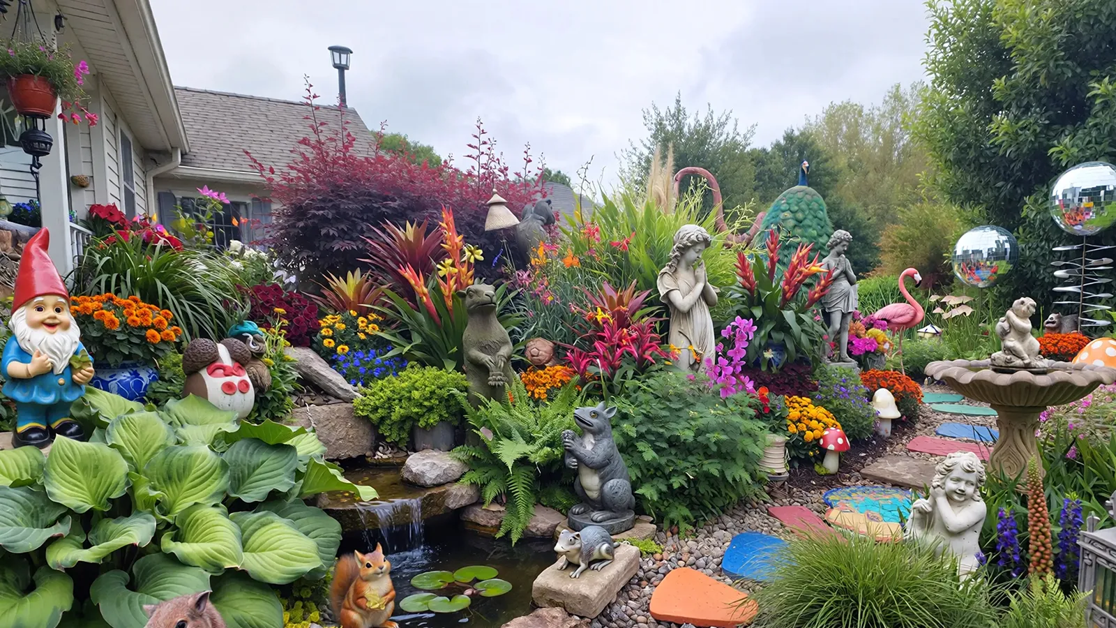 A cluttered front yard where multiple focal points compete for attention and disrupt visual flow.