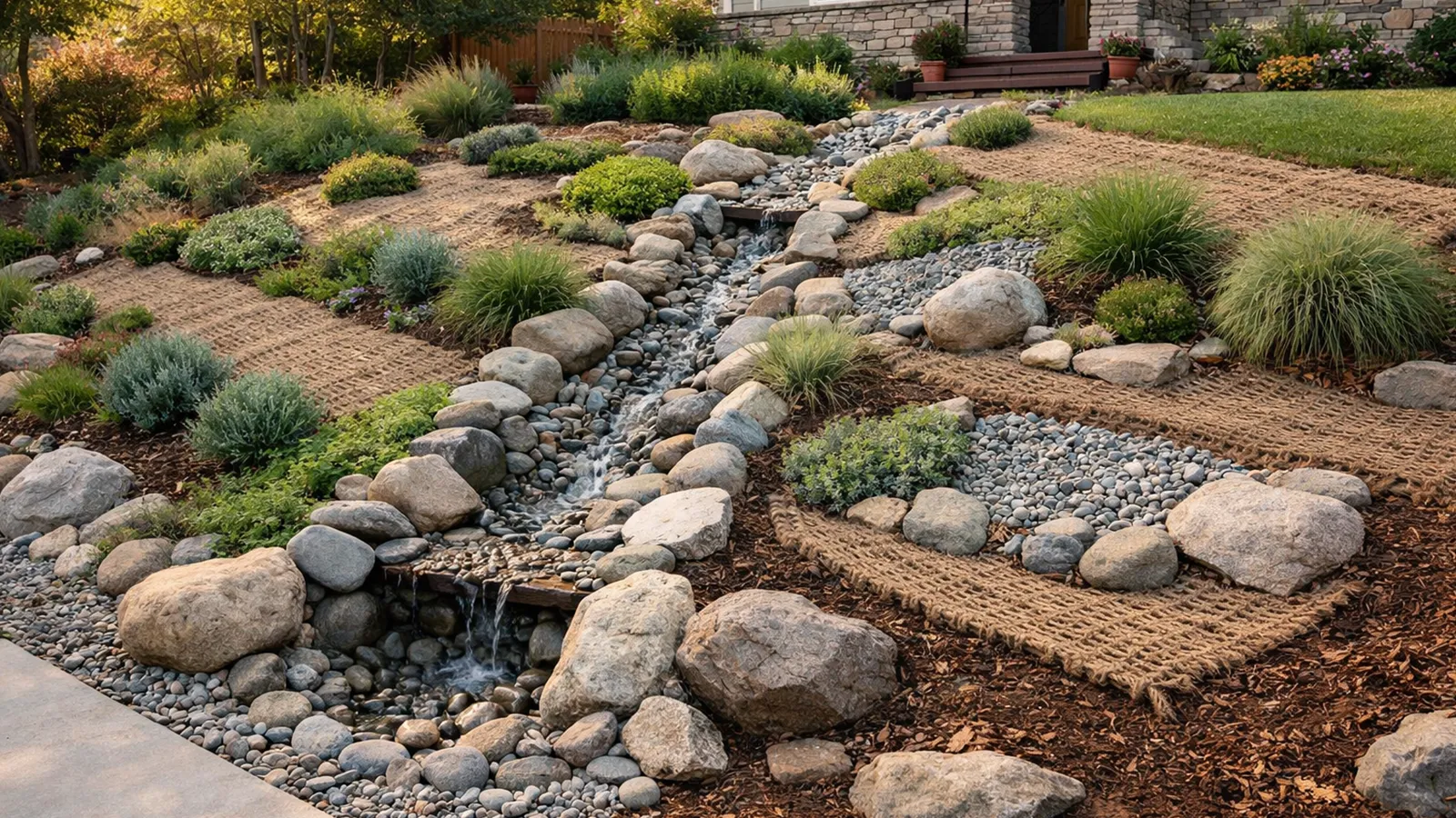 A sloped front yard designed with subtle drainage features that slow runoff and prevent erosion.