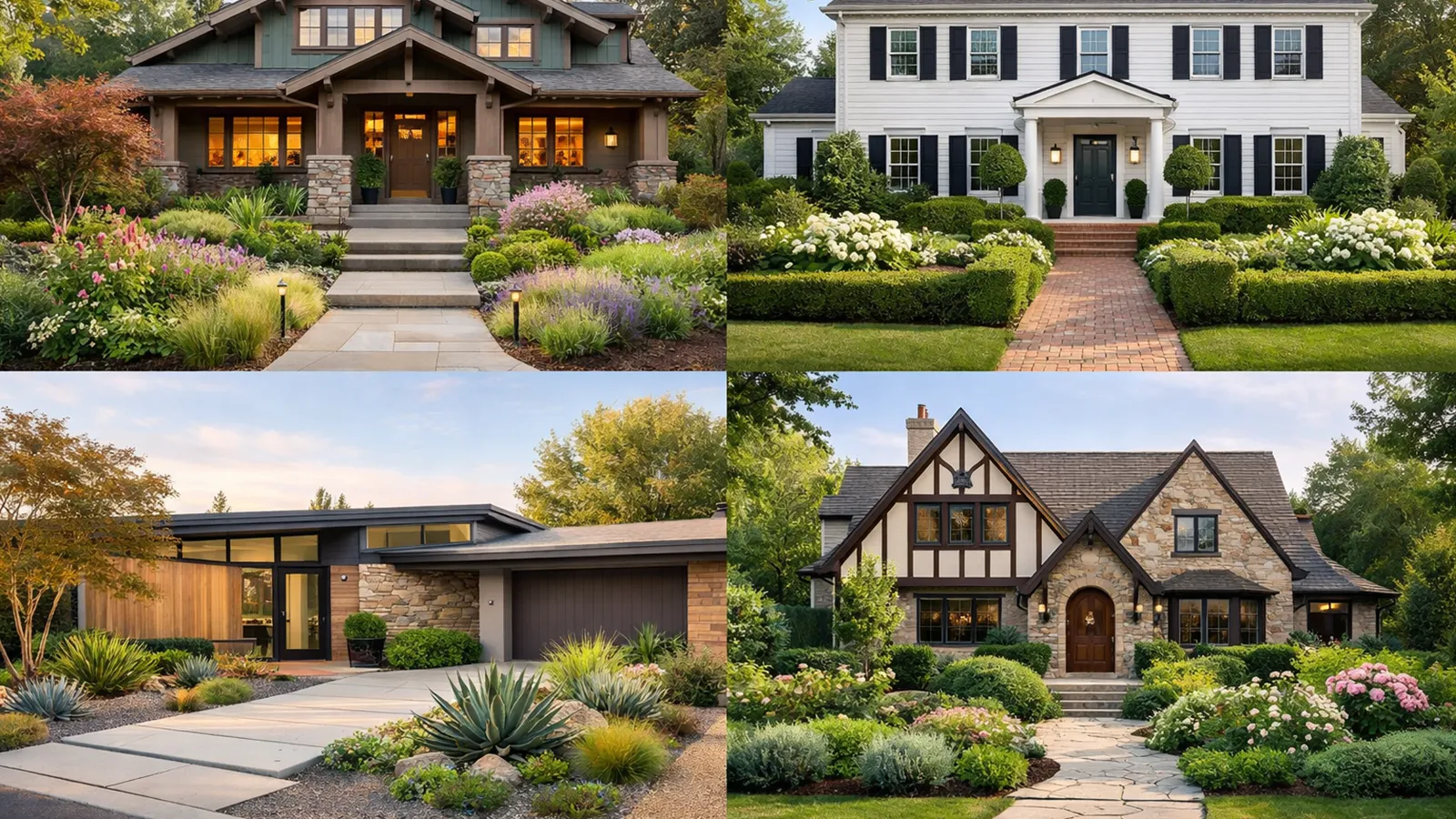 Front yard plant selections that visually complement different residential architectural styles.