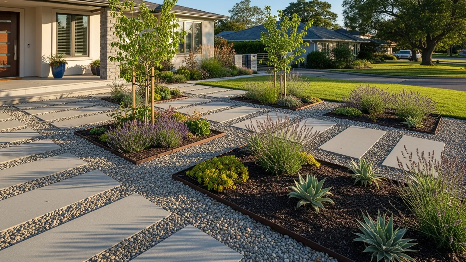 A front yard hardscape design using permeable pavers and gravel to reduce irrigation needs while maintaining a polished appearance.