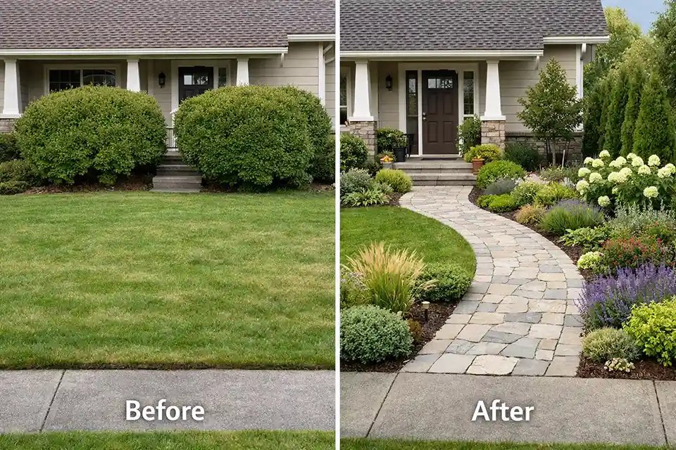 Before and after suburban front yard design showing improved entry focus and planting balance