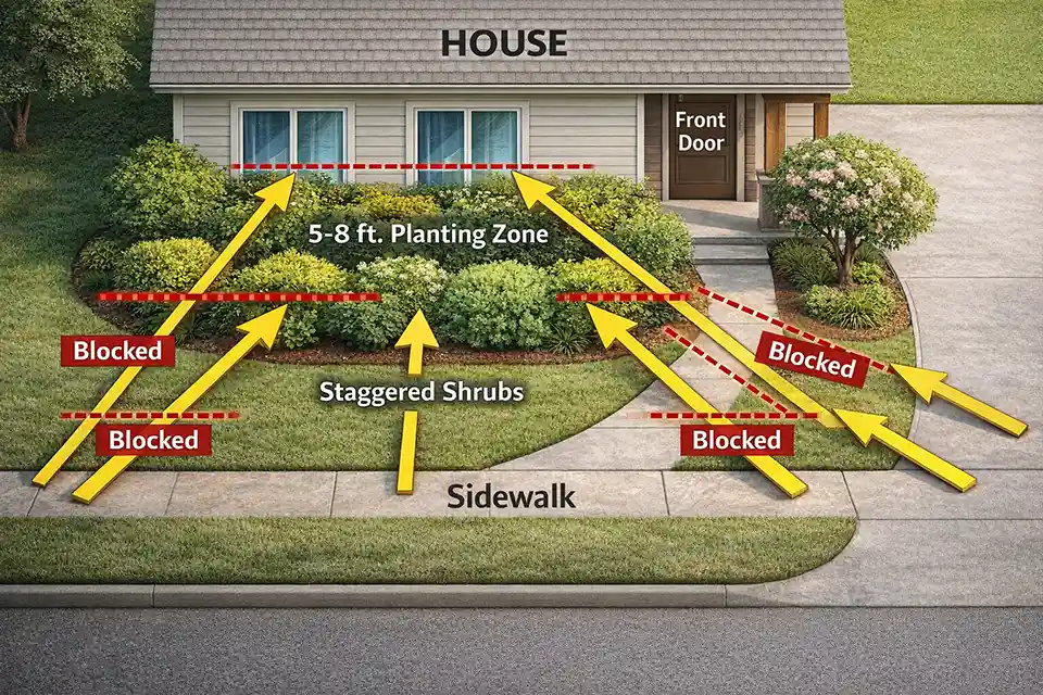Top-down diagram of layered front yard planting blocking direct and angled sightlines from the sidewalk and driveway to front windows