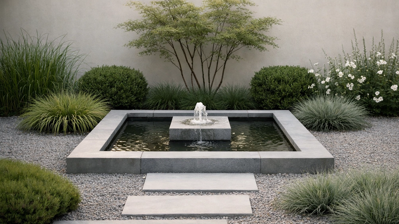 A balanced small garden layout using a limited number of plants and features to create visual harmony.