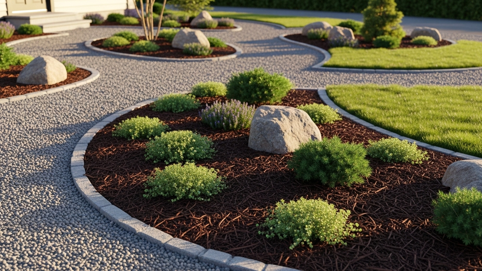 Low-maintenance ground covers and gravel reducing weeds and water use in a structured front yard landscape.