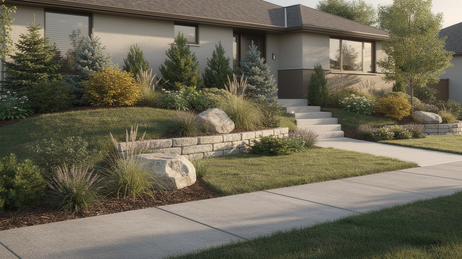 Subtle grade changes and raised planting beds help create front yard privacy without fences.