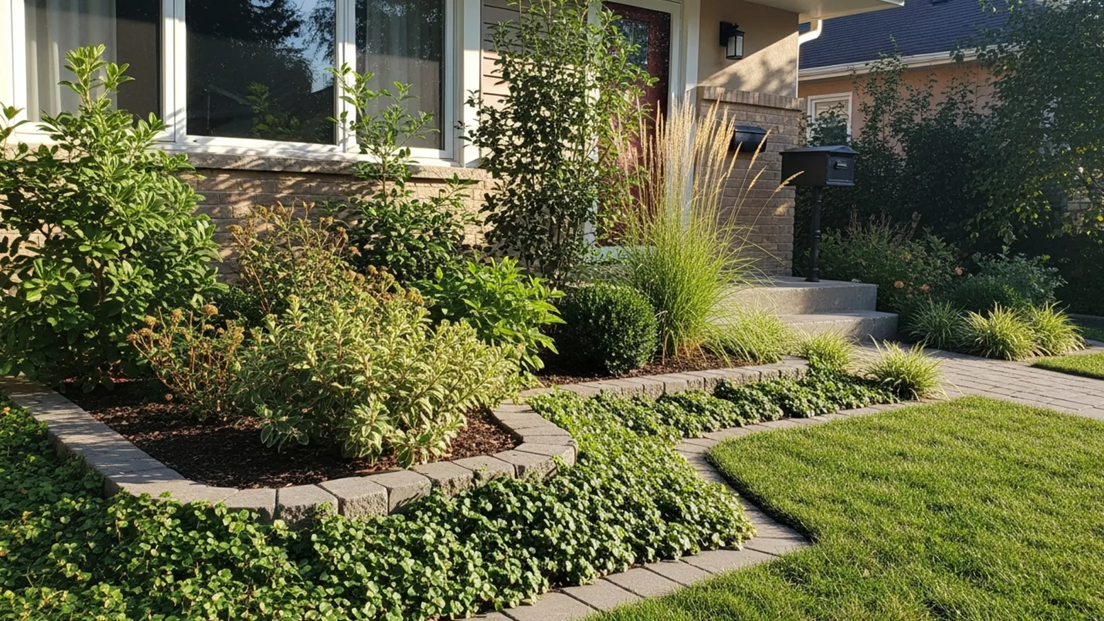 Low, layered planting in a small front yard creates depth while maintaining open views and visual calm.
