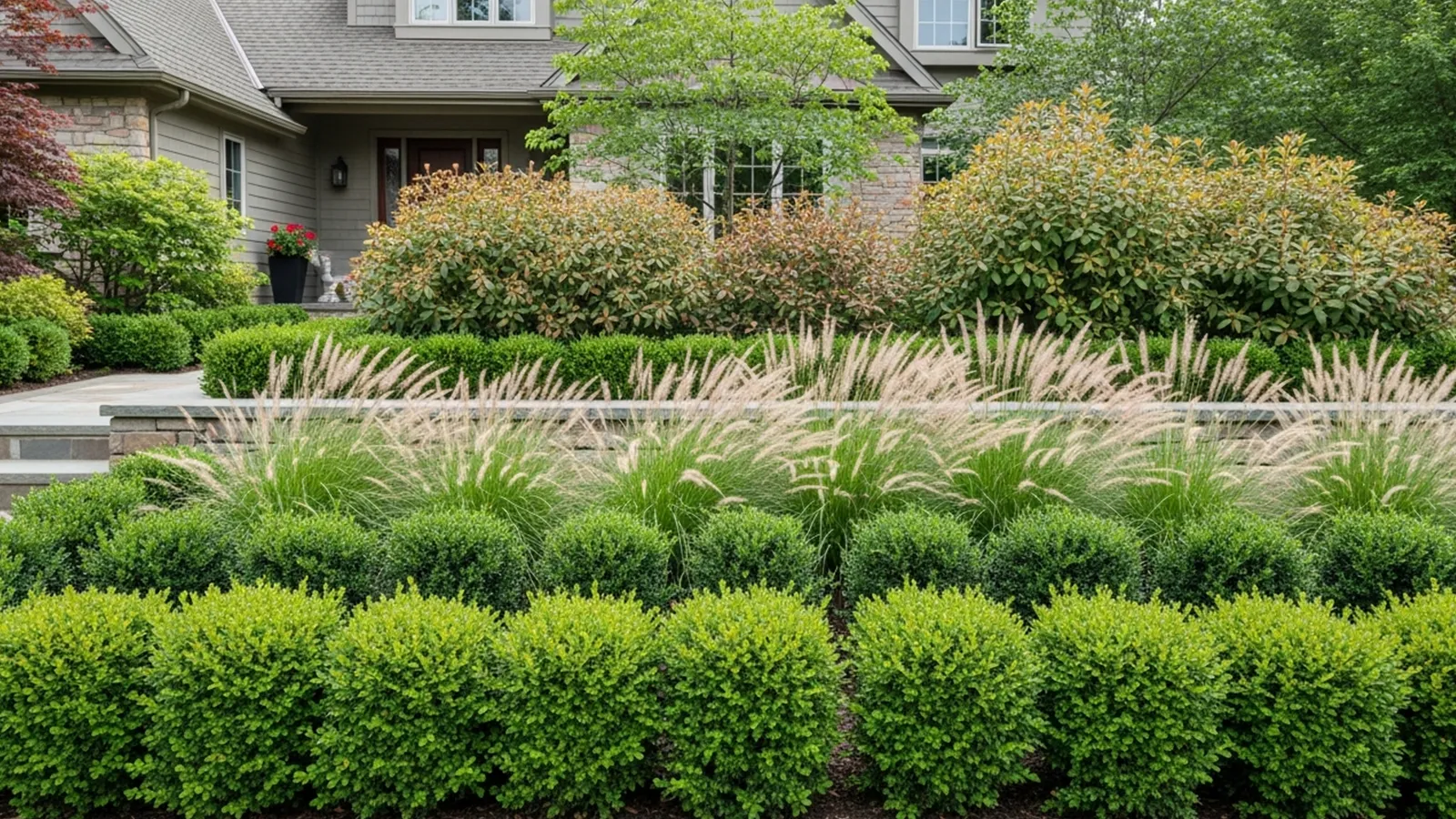 A front yard landscaping design using layered shrubs and low hedges to create privacy without blocking openness.