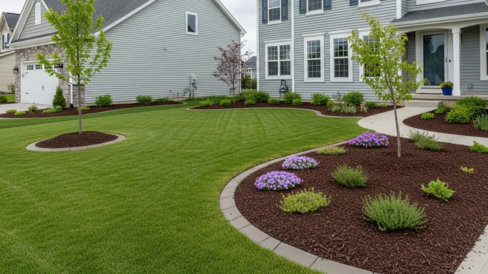 A front yard landscaping layout using mulch and ground cover to unify planting beds and reduce maintenance demands.