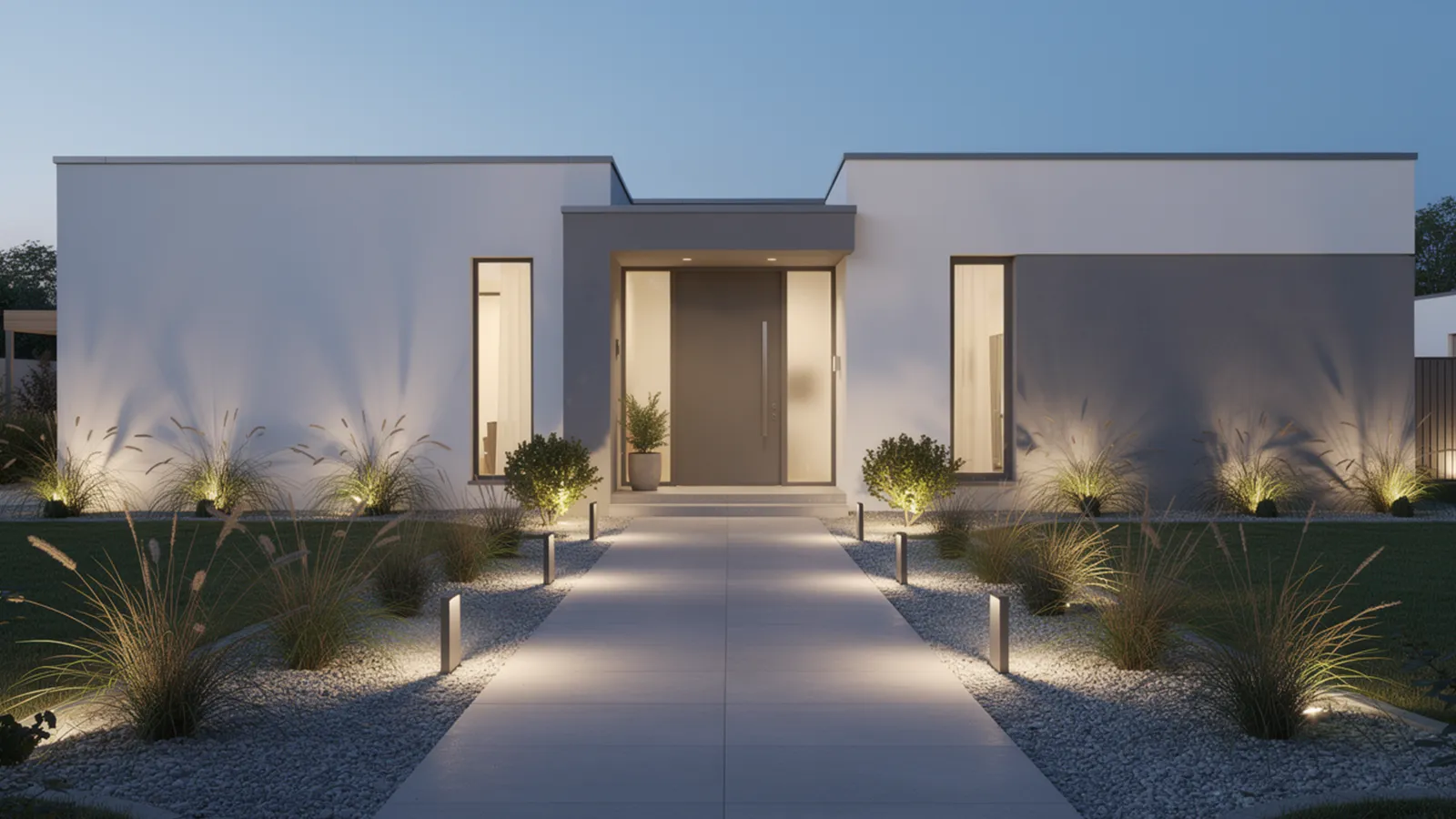 A minimalist front yard at dusk with subtle path lighting and soft uplighting that enhances structure without visual clutter.