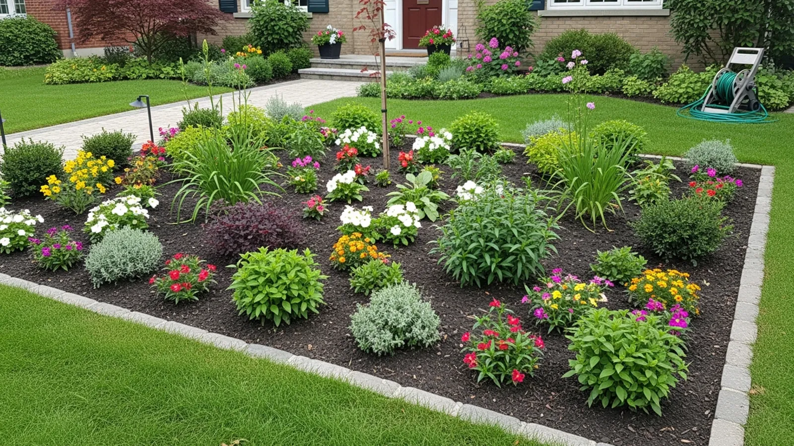 A front yard landscape that looks appealing but requires frequent and intensive maintenance.