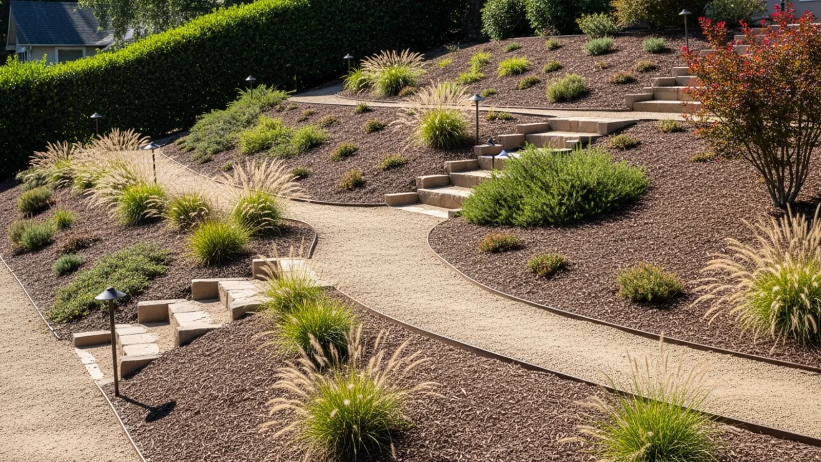 A simple sloped front yard layout with clear planting zones and easy-to-maintain structure.