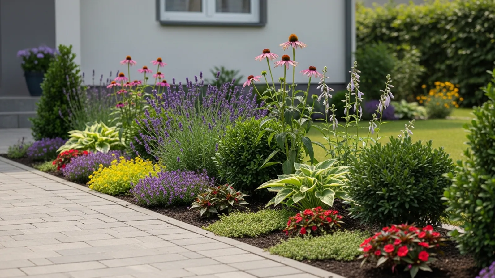 A compact front yard using restrained plant layers to create depth without crowding the space.