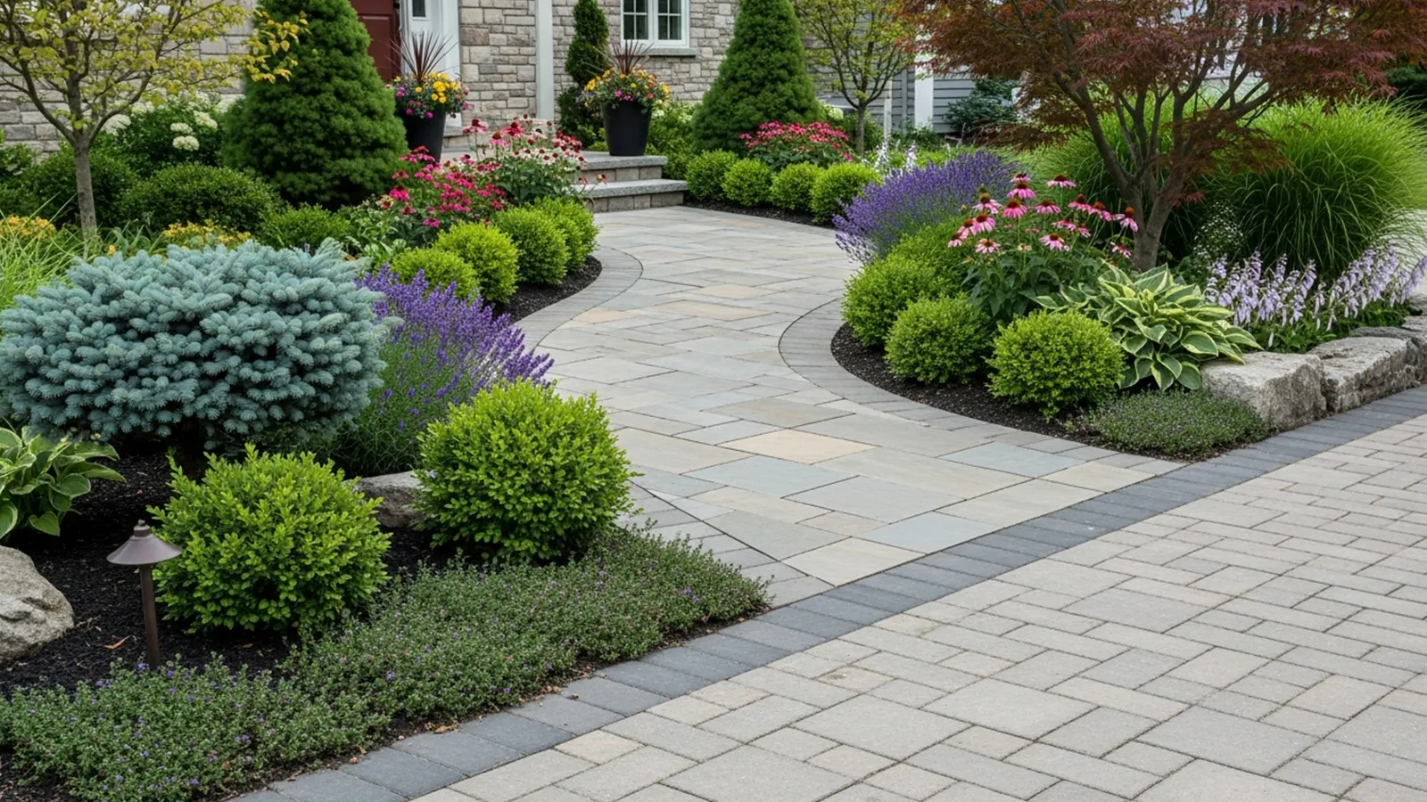 Front yard plantings designed to flow naturally alongside walkways, driveways, and entry paths.