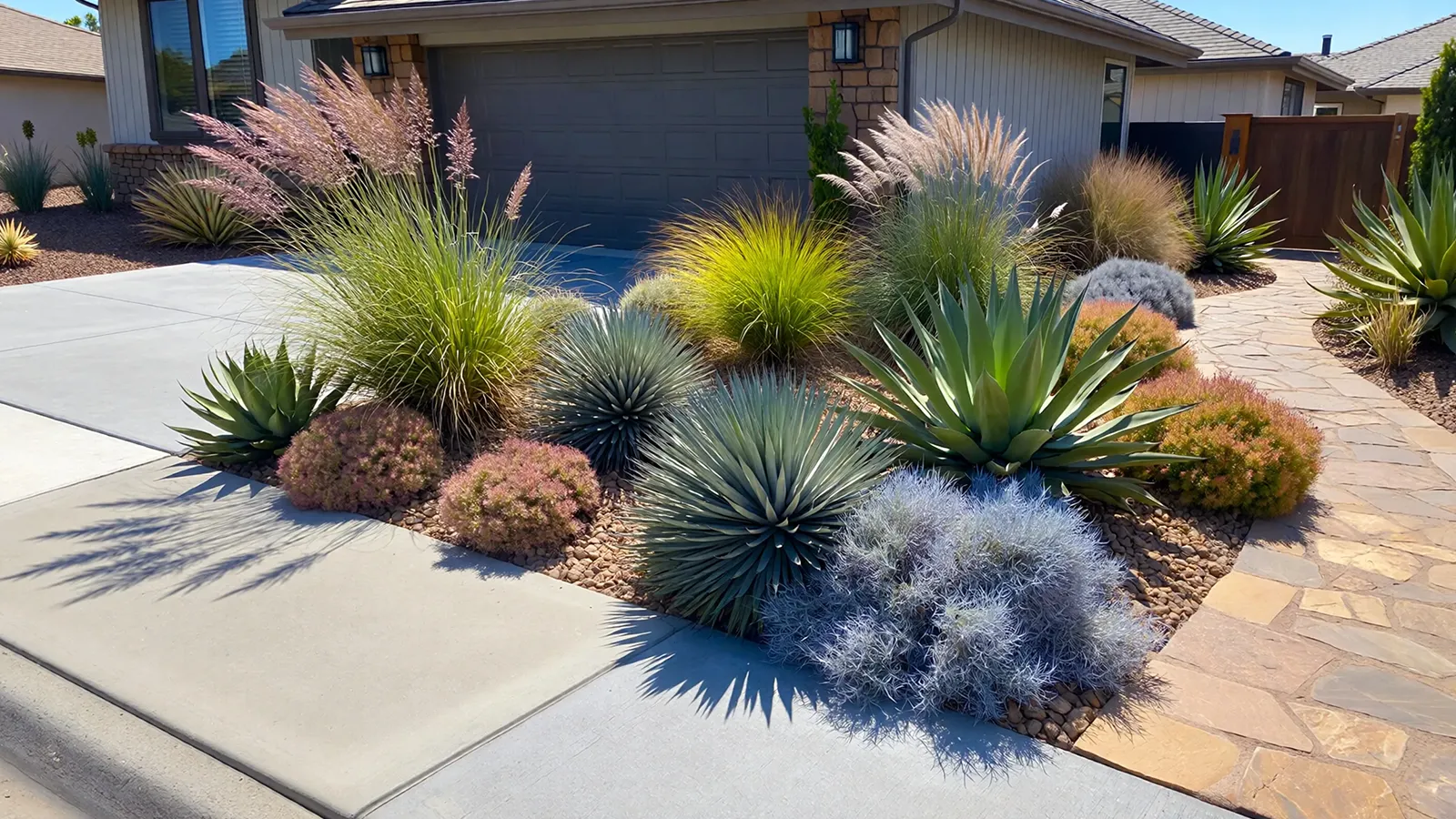 Drought-tolerant shrubs and ornamental grasses placed according to sun exposure for consistent performance in a low-water front yard.