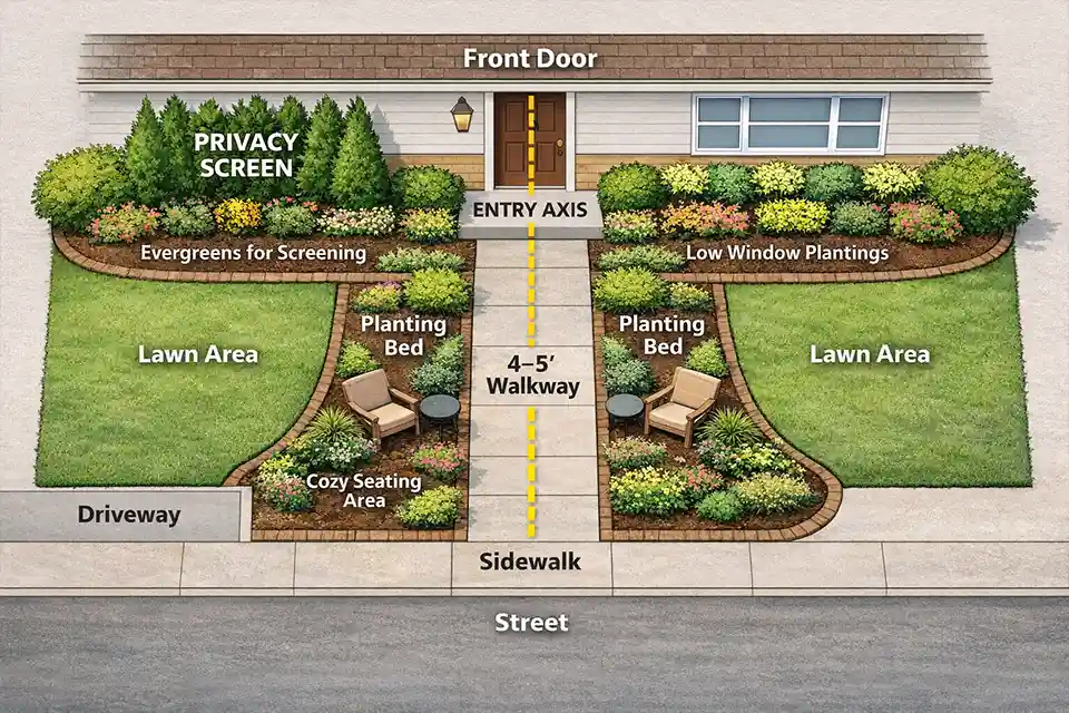 Suburban front yard design diagram showing walkway hierarchy, planting zones, and targeted privacy placement