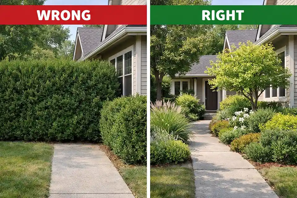 Comparison of a crowded hedge-only front yard privacy screen versus layered landscaping that blocks views without closing off the entry