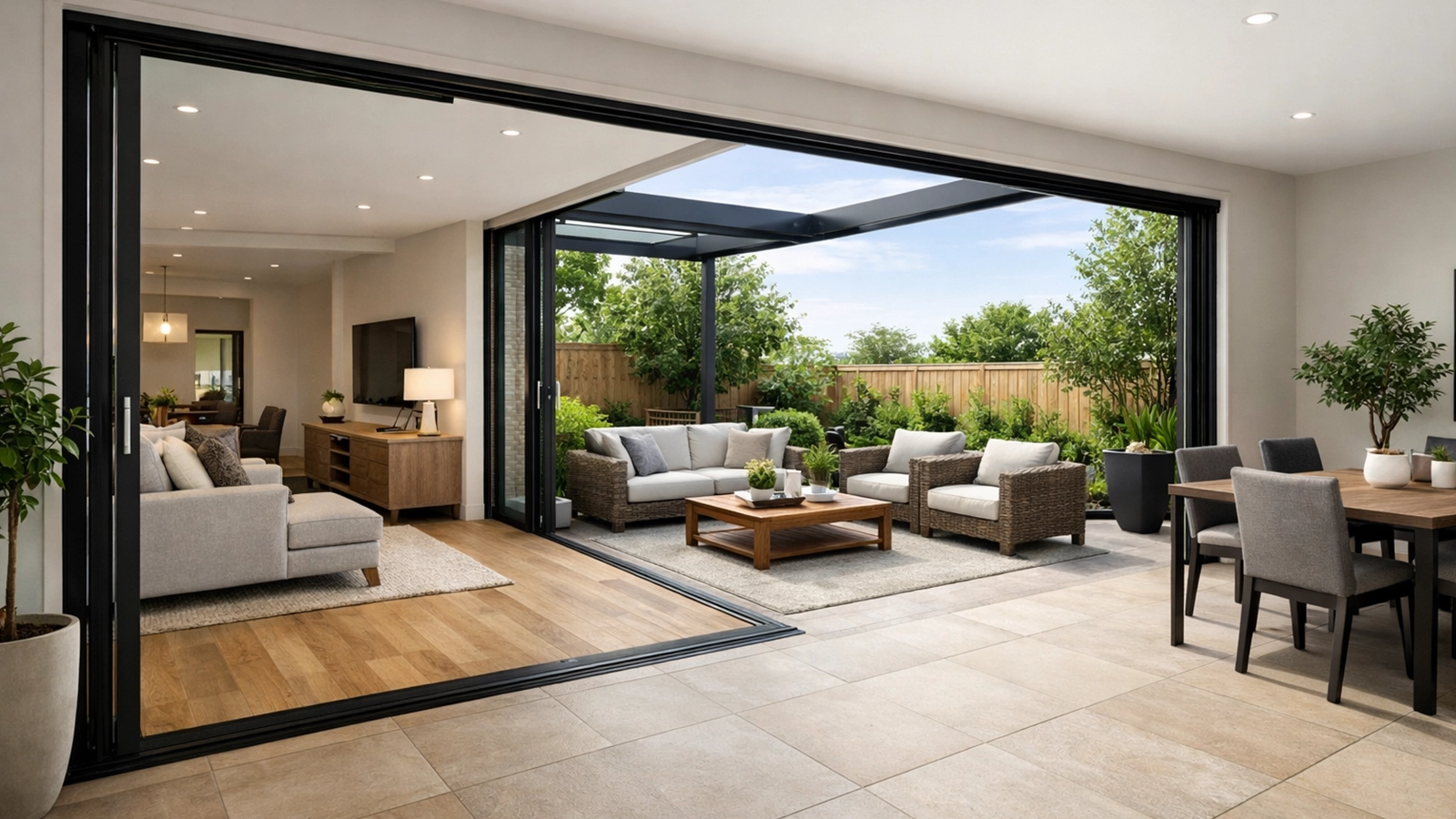 A patio that connects seamlessly to the home interior through wide doors and coordinated materials.