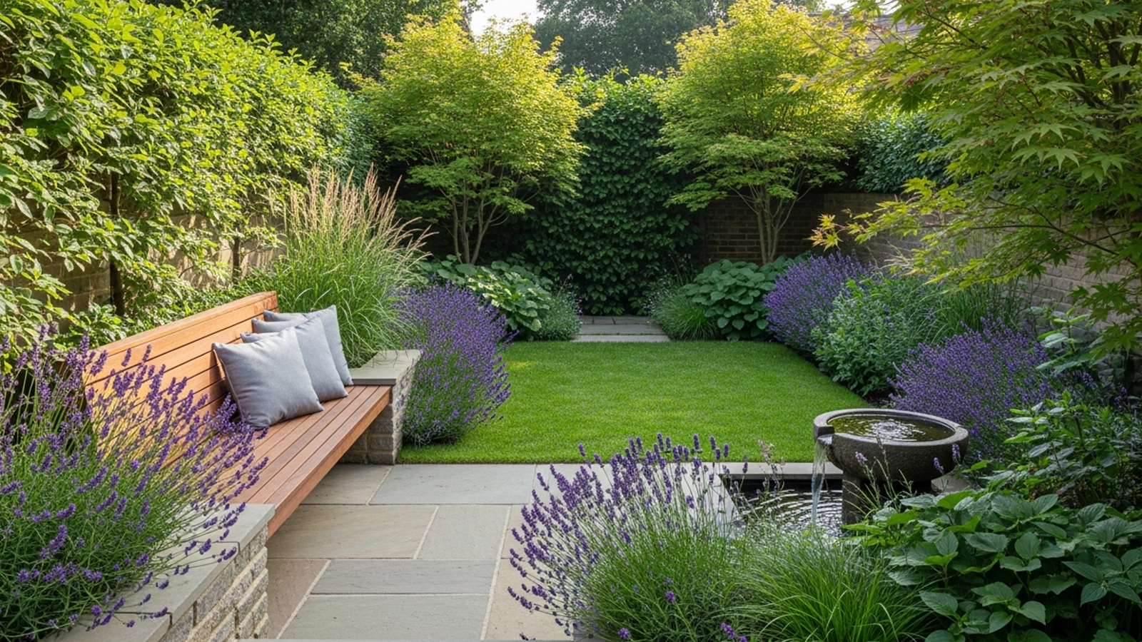 A compact garden showing a balanced mix of open space, planting, and functional features for everyday use.
