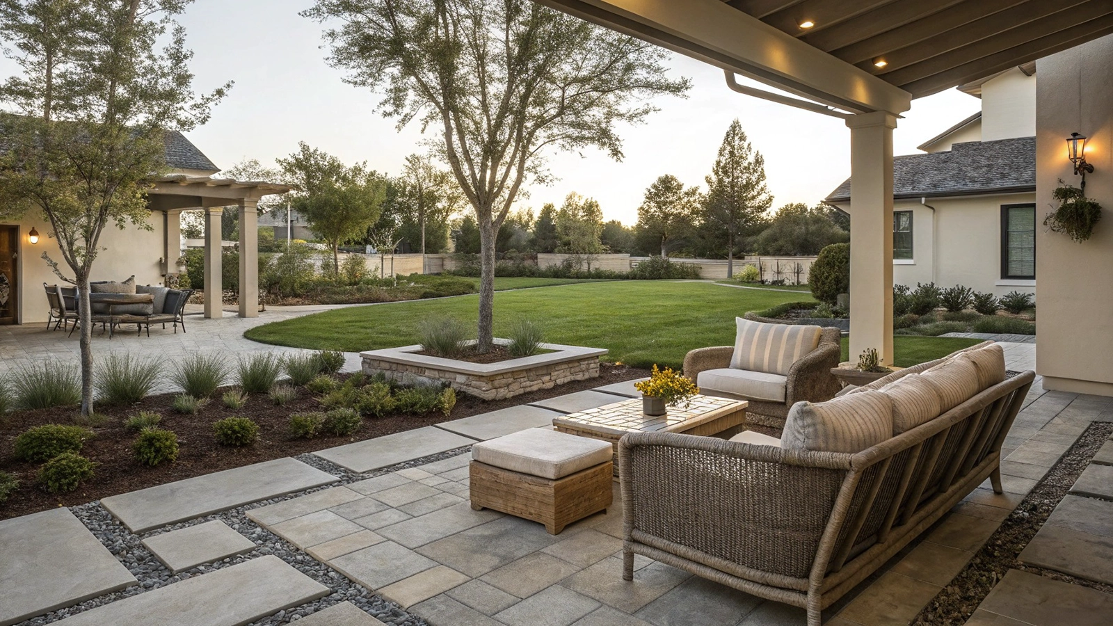 Repeated plant groupings creating visual rhythm and reducing maintenance complexity in a modern front yard.
