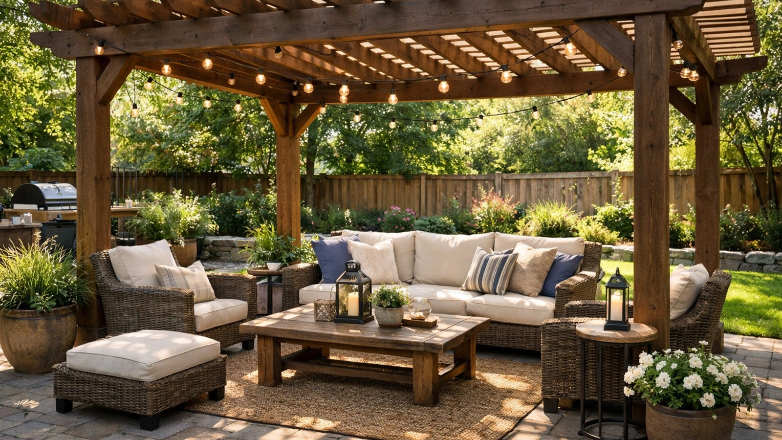 A shaded backyard seating area shows how pergolas and natural cover improve comfort for everyday outdoor use.