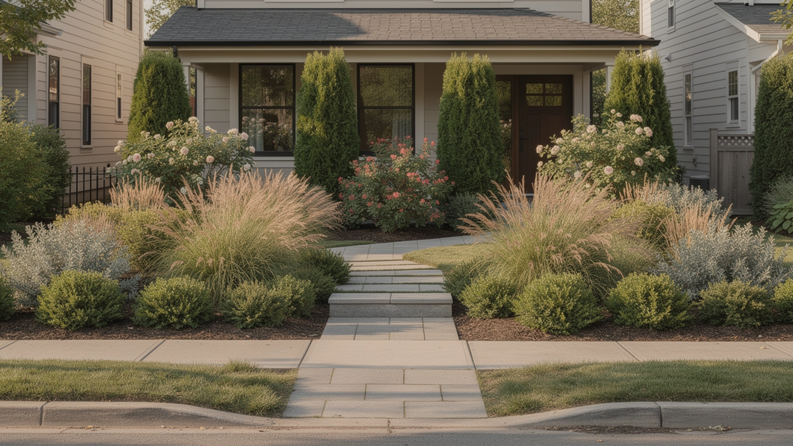 A compact front yard uses layered planting and selective openness to create privacy without feeling confined.